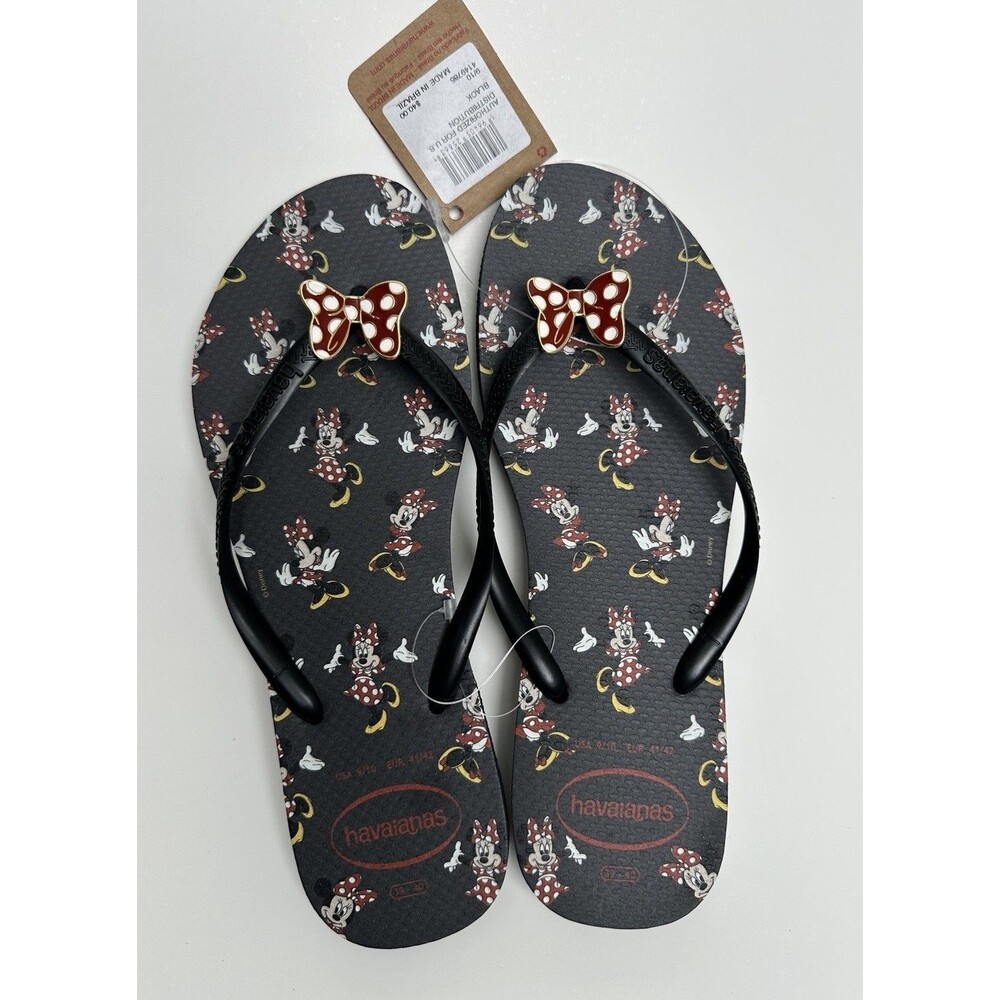 Havaianas Minnie Mouse Flip Flops Women’s 9/10 Metal Bow Charms Black Disney NWT
